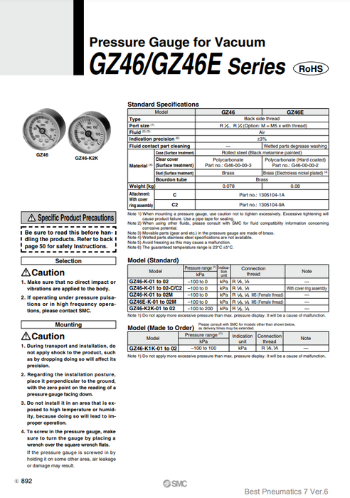 [SMC Pneumatics]Vacuum Pressure Gauge GZ46-K2K-02