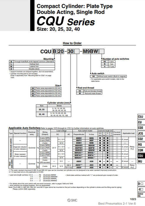 [SMC Pneumatics]Compact Cylinder CQUB20-10M