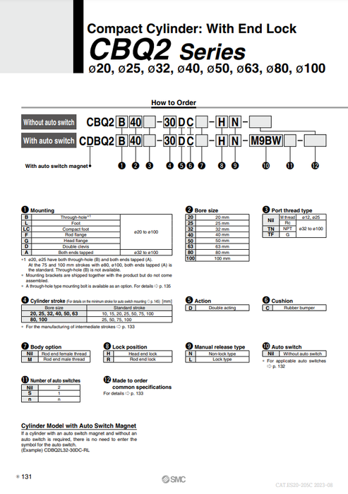 [SMC Pneumatics]Compact Cylinder CDBQ2B25-10DCM-HL
