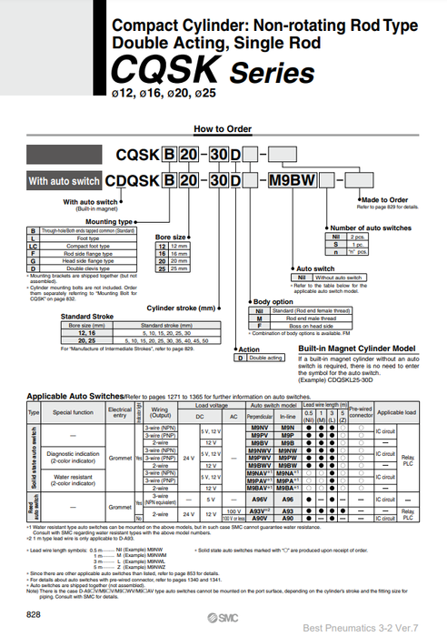 [SMC Pneumatics]Compact Cylinder CQSKB16-20D