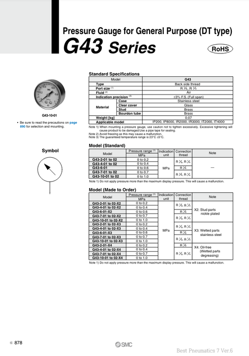 [SMC Pneumatics]Pressure Gauge G43-7-02