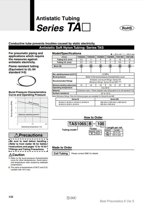 [SMC Pneumatics]Antistatic Soft Nylon Tubing TAS0425B-20