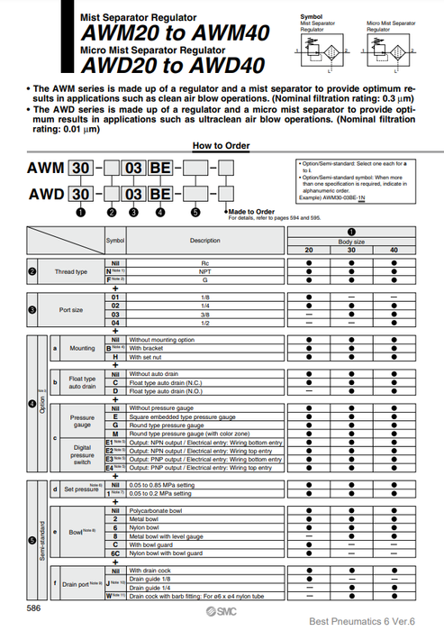 [SMC Pneumatics]Mist Separator Regulator AWM30-03G-W