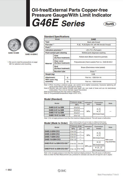 [SMC Pneumatics]Oil-free/External Parts Copper-free Pressure Gauge G46E-2-01
