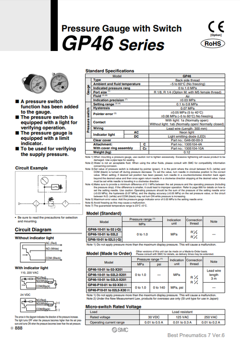 [SMC Pneumatics]Switch Pressure Gauge GP46-10-02M