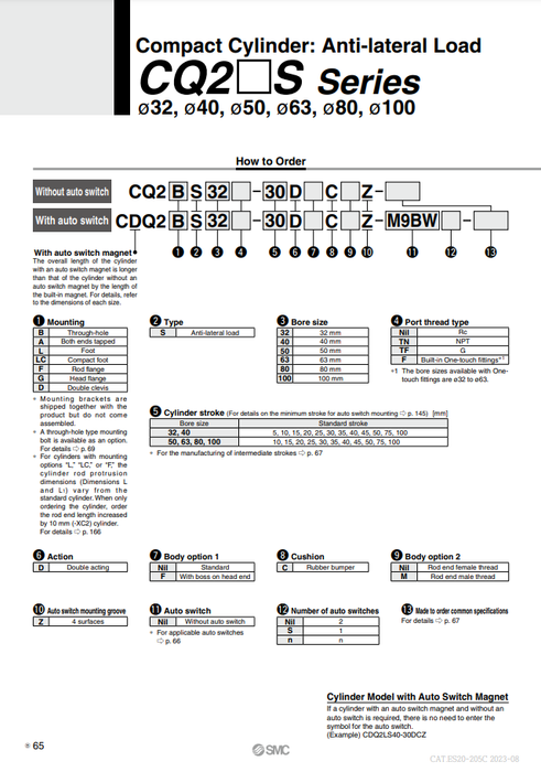 [SMC Pneumatics]Compact Cylinder CQ2BS40-20DCMZ