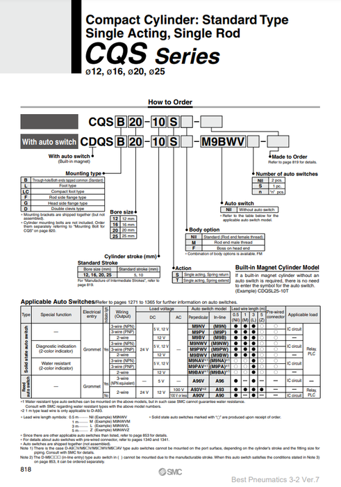[SMC Pneumatics]Compact Cylinder CDQSB16-10SM