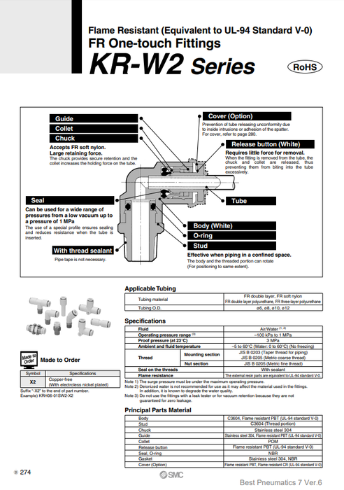 [SMC Pneumatics]FR One-touch Fittings KRE12-00W2