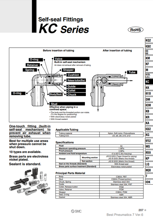 [SMC Pneumatics]Self-Seal Fittings KCL08-03S