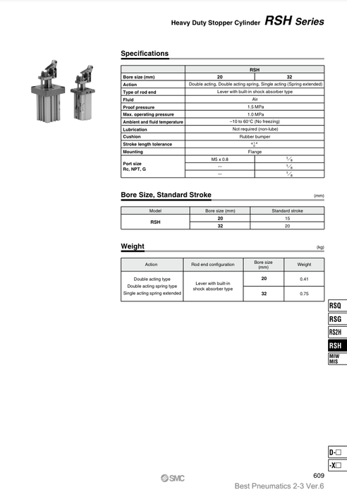 [SMC Pneumatics]Heavy Duty Stopper Cylinder RSH20-15DL