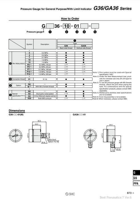 [SMC Pneumatics]Pressure Gauge GA36-10-01