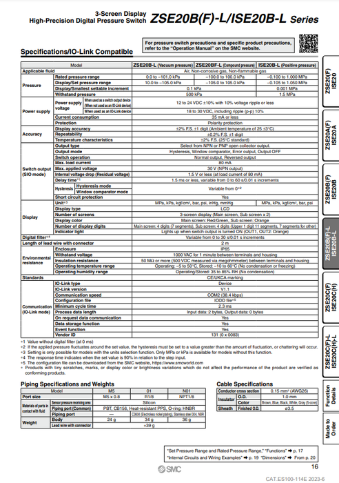 [SMC Pneumatics]Digital Pressure Switch ISE20B-L-M5-W