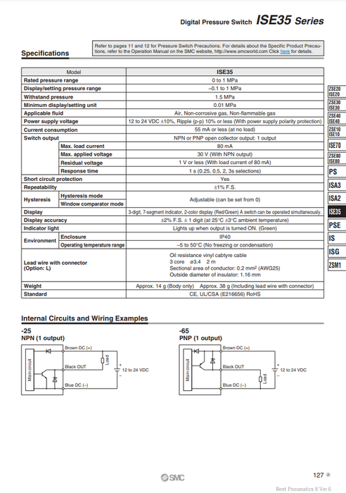 [SMC Pneumatics]Digital Pressure Switch ISE35-N-25-LB