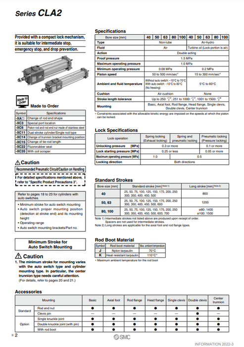 [SMC Pneumatics]Fine Lock Cylinder CDLA2B50-650-D