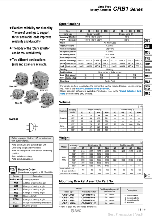 [SMC Pneumatics]Rotary Actuator CRB1BW50-90S