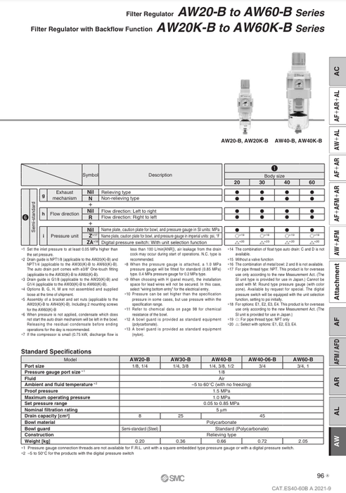 [SMC Pneumatics]Filter Regulator AW20-02BCG-B