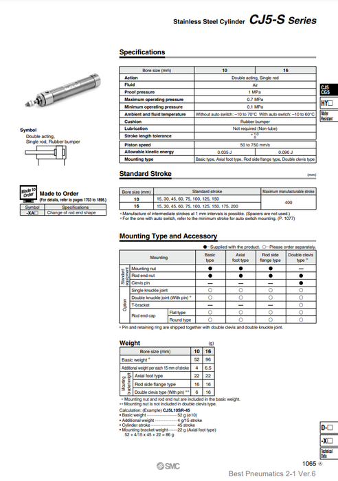 [SMC Pneumatics]Stainless Steel Cylinder CDJ5D10SV-15-B