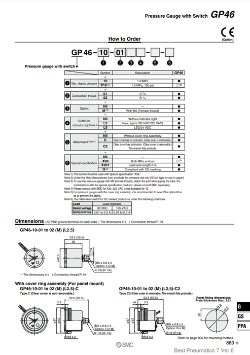 [SMC Pneumatics]Switch Pressure Gauge GP46-10-02M