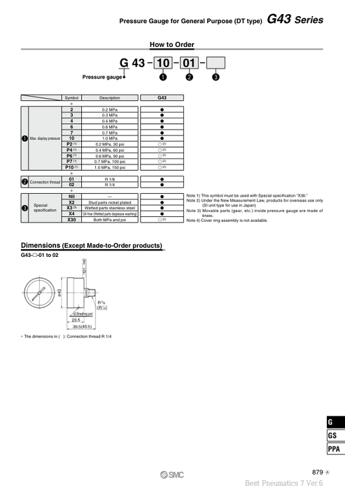[SMC Pneumatics]Pressure Gauge G43-10-01