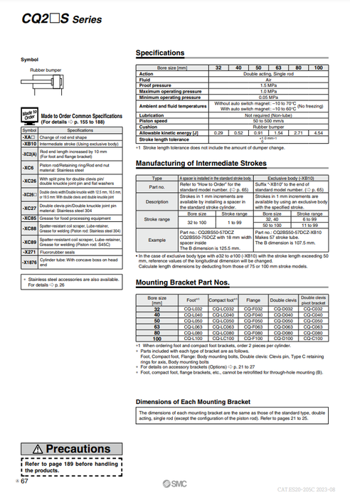 [SMC Pneumatics]Compact Cylinder CQ2BS40-20DCMZ