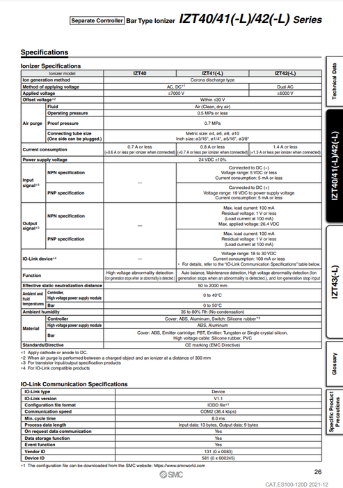 [SMC Pneumatics]Separate Controller Ionizer IZT42-34D16HRL-TRFU