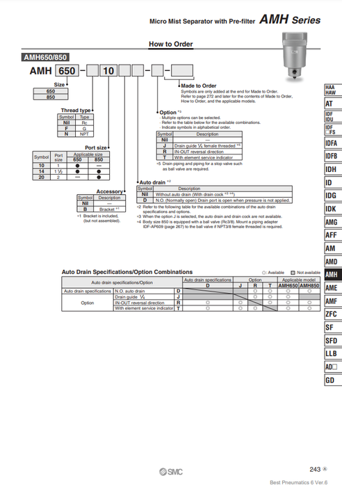 [SMC Pneumatics]Micro Mist Separator AMH450C-04B-T