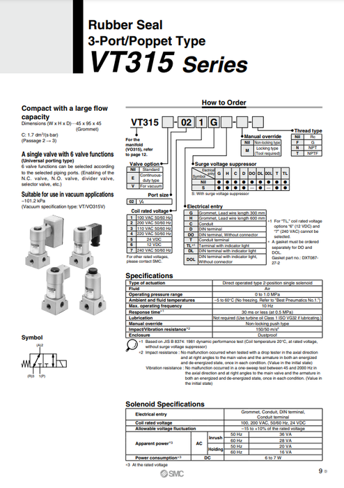 [SMC Pneumatics]Solenoid Valve VT315-022G
