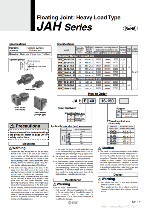 [SMC Pneumatics]Floating Joint JAH100-48-150