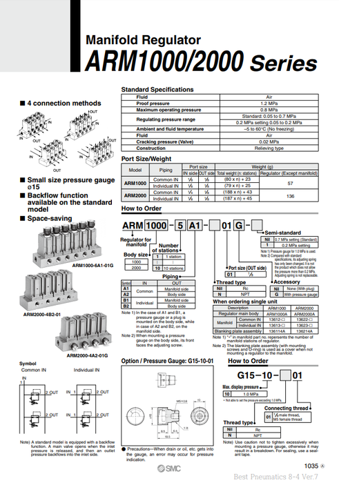 [SMC Pneumatics]Manifold Regulator ARM2000-6A1-01G