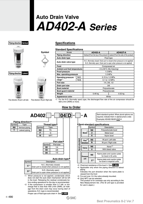 [SMC Pneumatics]Auto Drain Valve AD402-02D-A