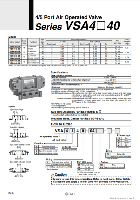 [SMC Pneumatics]Air Operated Valve VSA4140-06