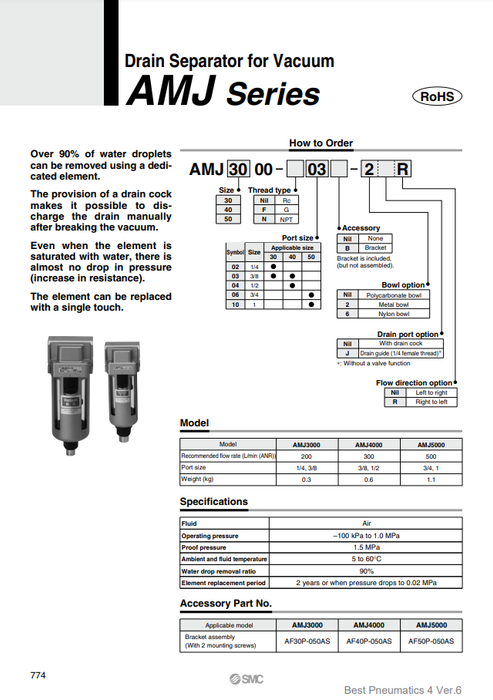 [SMC Pneumatics]Drain Separator AMJ3000-03-2R