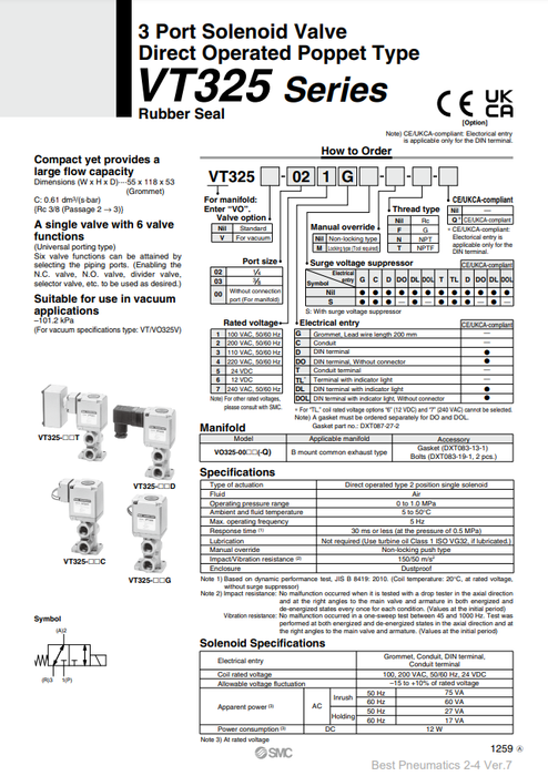 [SMC Pneumatics]Solenoid Valve VT325-035DL