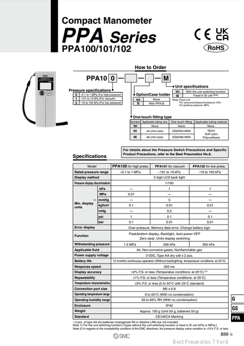 [SMC Pneumatics]Compact Manometer PPA102