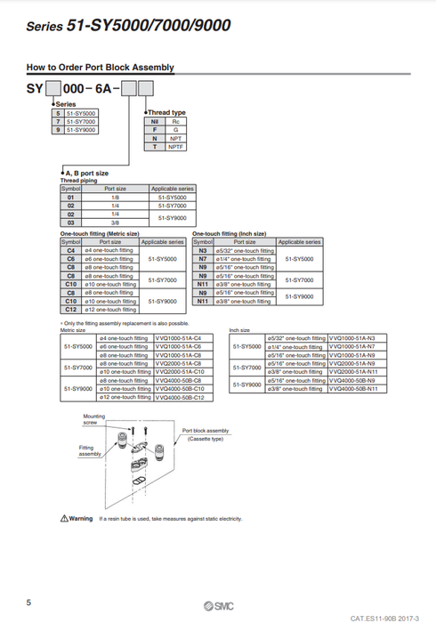 [SMC Pneumatics]Port Block Assembly SY5000-6A-01