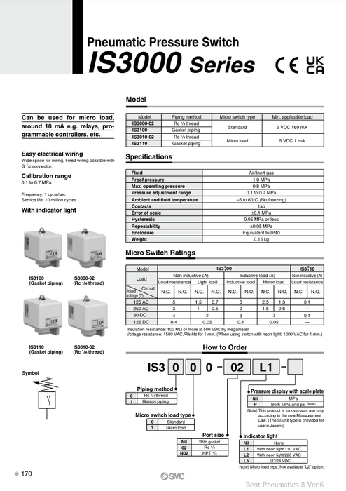 [SMC Pneumatics]Pneumatic Pressure Switch IS3000-02L5
