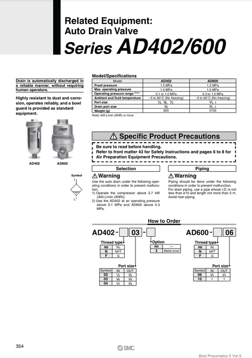 [SMC Pneumatics]Auto Drain Valve AD402-04