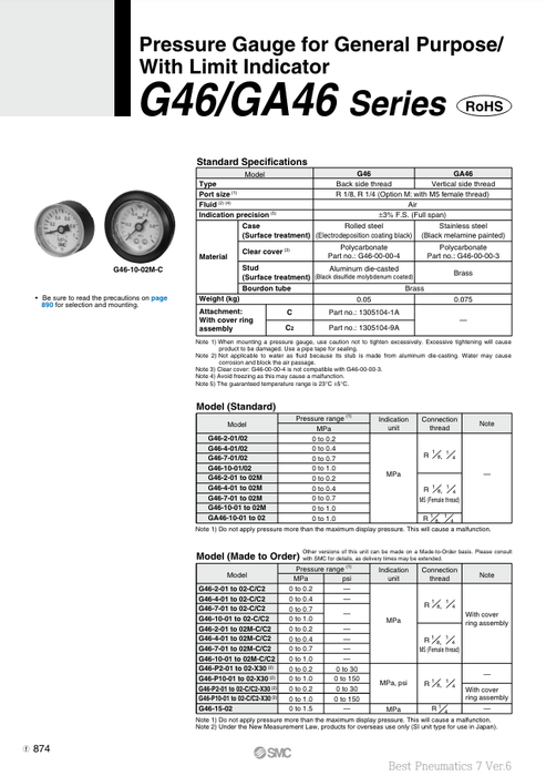 [SMC Pneumatics]Pressure Gauge G46-10-01-C