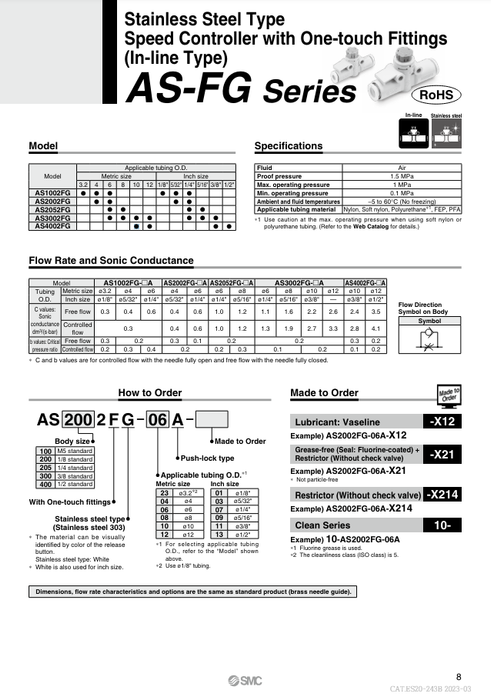 [SMC Pneumatics]Speed Controller AS2002FG-06A