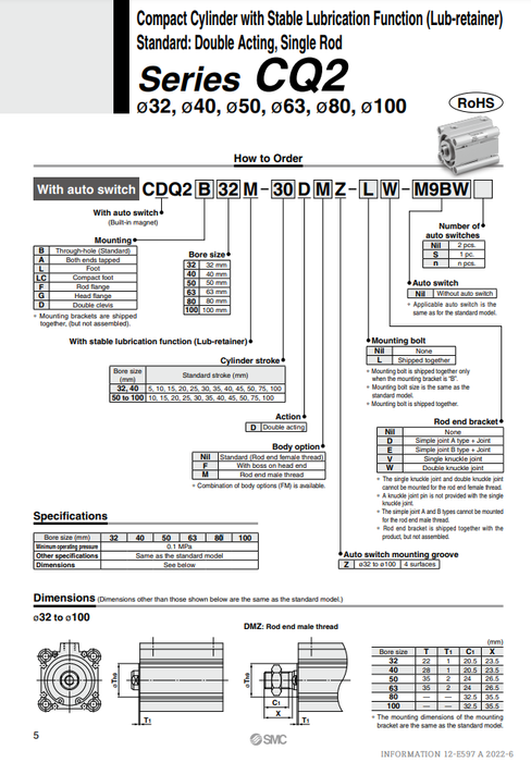 [SMC Pneumatics]Compact Cylinder CDQ2D32M-15DMZ