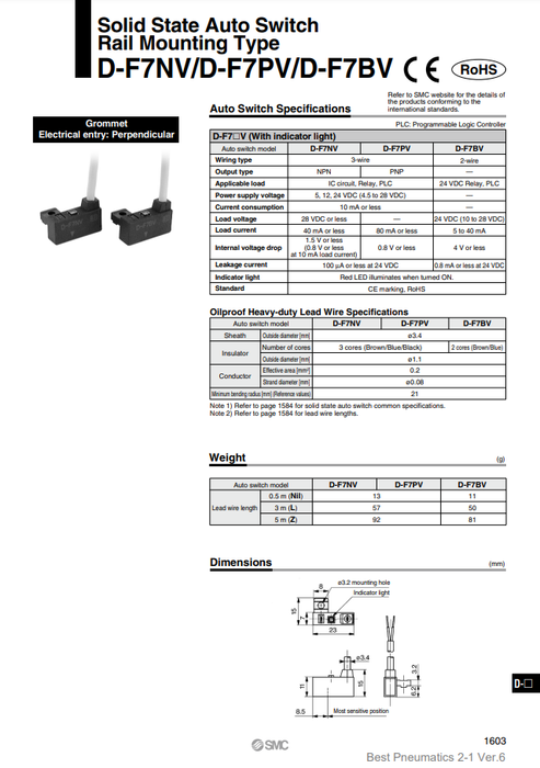 [SMC Pneumatics]Auto Switch D-F7NV-900