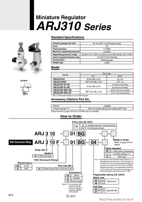 [SMC Pneumatics]Miniature Regulator ARJ310-01