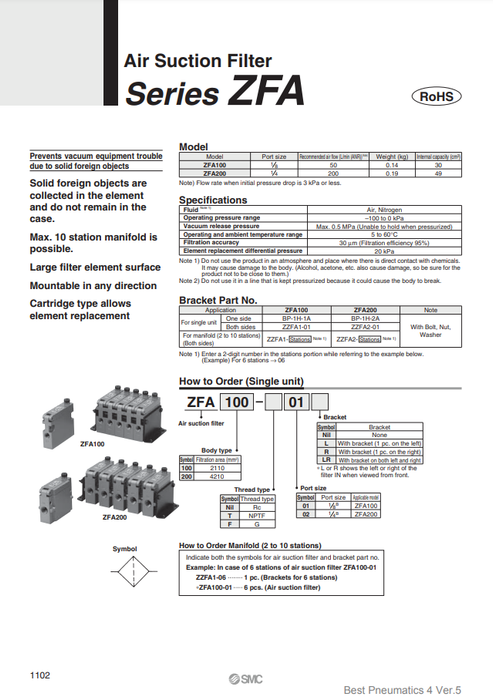 [SMC Pneumatics]Air Suction Filter ZFA100-01R