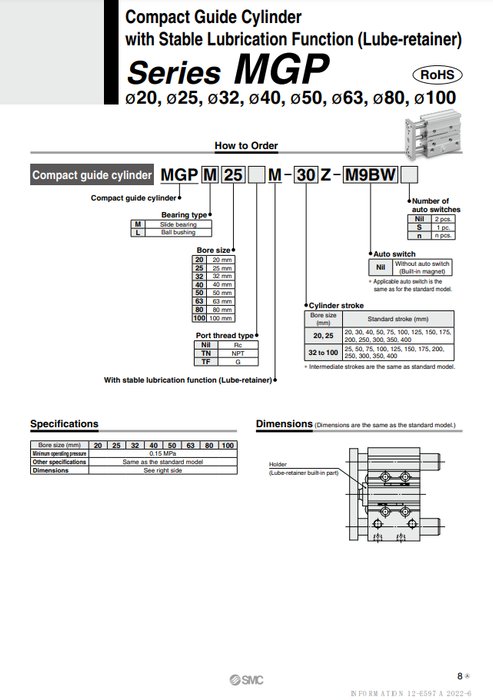 [SMC Pneumatics]Compact Guide Cylinder MGPM32M-100Z