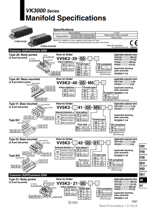 [SMC Pneumatics]Manifold VV5K3-42-03-C6