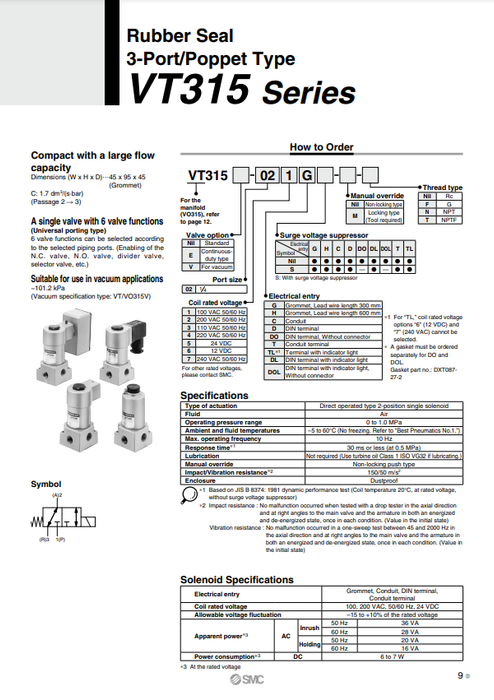 [SMC Pneumatics]Solenoid Valve VT315-024D