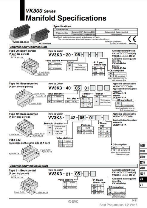 [SMC Pneumatics]Manifold VV3K3-20-02-F