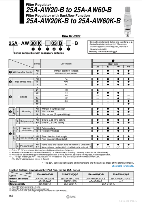 [SMC Pneumatics]Regulator 25A-AW20-02B-B