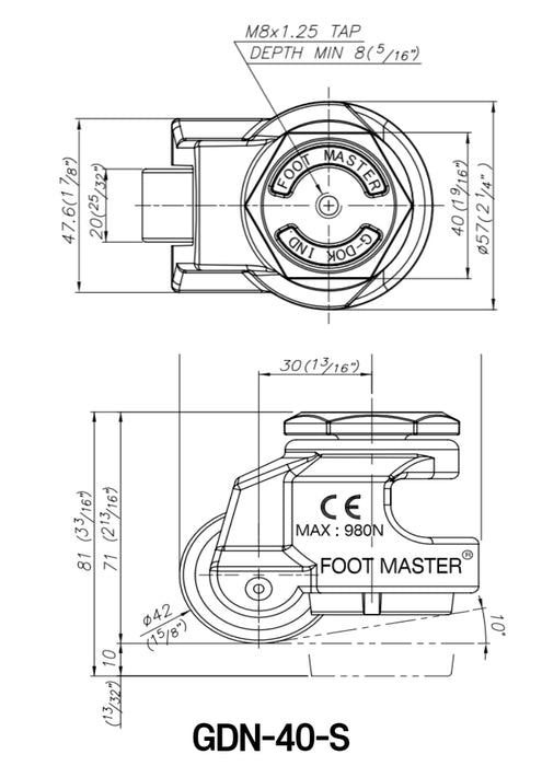 [FOOTMASTER] GDN-40 Leveling Casters Smart Solution for both easy movement & leveling set  50-1500Kg -10~90℃ RoHS 8pcs