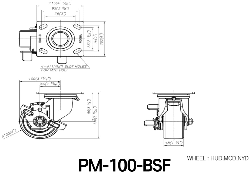 [FOOTMASTER] PM-100 series Medium Duty Casters 200-500kg RoHS 8pcs
